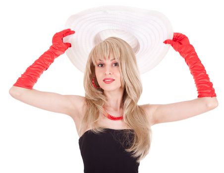 Fashion girl in retro style with bright make-up and big hat on white background