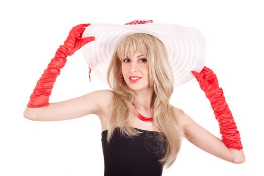 Fashion girl in retro style with bright make-up and big hat on white background