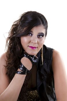 View of a beautiful girl in dark leather clothes against a white background.