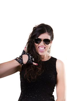 View of a beautiful girl in dark leather clothes against a white background.