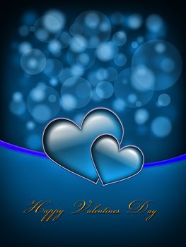 Valentines Day Card with golden Happy Valentines Day text and two big hearts - all in blue and purple