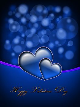 Valentines Day Card with golden Happy Valentines Day text and two big hearts - all in blue and purple