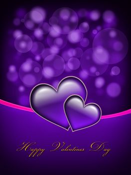Valentines Day Card with golden Happy Valentines Day text and two big hearts - all in purple and pink