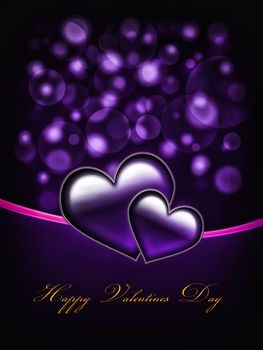 Valentines Day Card with golden Happy Valentines Day text and two big hearts - all in purple and pink