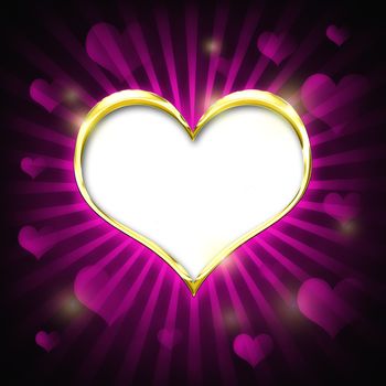 Valenties Day Card with a big golden heart and many smaller hearts on a pink background