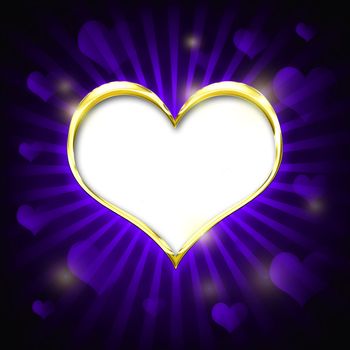 Valenties Day Card with a big golden heart and many smaller hearts on a purple background