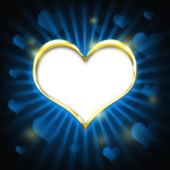 Valenties Day Card with a big golden heart and many smaller hearts on a blue background