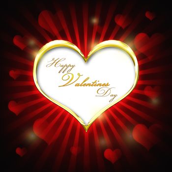 Valenties Day Card with Happy Valentines Day text and a big golden heart with many smaller hearts on a red background