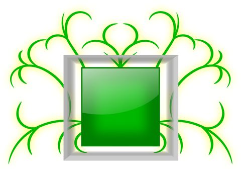 A blank shiny green square badge with a transparent glass frame on a swirls background