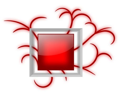A shiny red square badge on a vines background