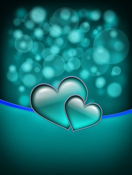 Valentines Day Card with  two big hearts - all in green and blue