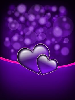 Valentines Day Card with  two big hearts - all in purple and pink