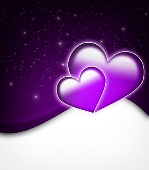 Valentines Day Card with  two big hearts and stars - all in purple