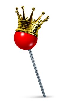 Best location symbol with a red pushpin as a three dimensional pin awarded a gold crown as the winner for the number one destination for travel and tourism holiday trip and finding the ideal place on white.