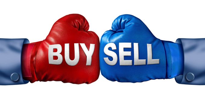 Buy or sell stocks or shares in a business as a boxing match in the symbolic financial ring of investing with two gloves fighting for trading direction in the stock market isolated on a white background.