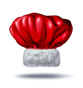 Christmas cooking and holiday baking catering food for festive parties and yultide celebrations of the new year with a  Santa Clause symbol shaped chef hat made of red fabric and white fur as an icon to feed the less fortunate.