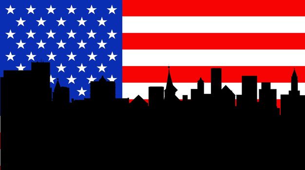 Illustration of an American flag with buildings