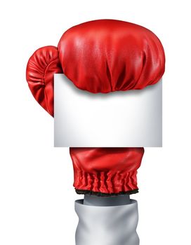 Fight and competition sign with an isolated red boxing glove holding a blank white card as a business symbol of competitive sales or boxing day specials after the christmas holidays isolated on a white background.