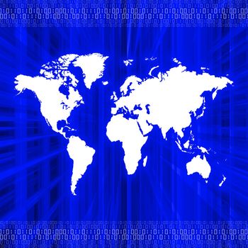 Illustration of a world map over an abstract blue background with binary numbers