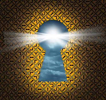 Direction key hole as a solution for success from confusion and chaos with a big group of yellow road and highway signs with a keyhole shaped  opening as a symbol of hope and aspirations for wealth and health.