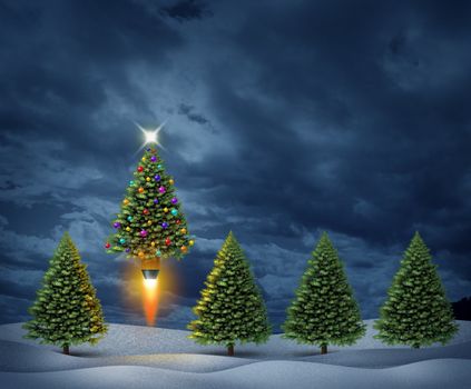 Holiday excitement and christmas season joy with a group of pine trees in a night time snow covered landscape and a decorated tree with shinning lights blasting off and jumping up in to the sky as a concept of seasonal cheer.