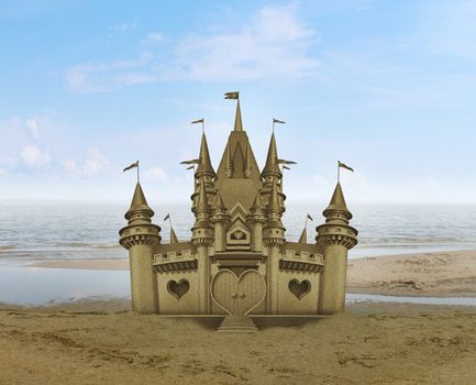 Sandcastle sculpture sand art on a relaxing sandy beach with an ocean and summer background as a symbol of travel and a fun vacation for kid friendly tourism at a hot tropical destination.
