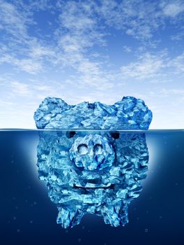 Savings risk and investing money dangers and hazards with an iceberg in the shape of a piggy bank hidden with a deceptive hazardous ice in cold arctic water with a small part of the frozen mountain above the sea.