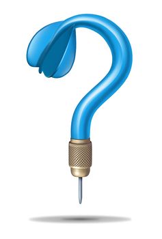 Strategy questions with a blue dart in the shape of a question mark as a business or health symbol of uncertainty and confusion in deciding where to aim and target the right goals to find answers and solutions.