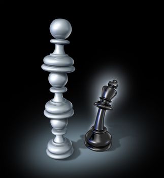 Teaming up as an organised  business team for a powerful opponent with three chess pawns stacked on top of each other forming a strong partnership that towers over the fearful king as a winning strategy.