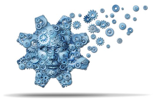 Business education and corporate training with gears and cogs shaped as a giant gear with a human face symbol spreading knowledge and teaching financial skills for career growth on a white background.