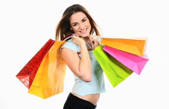 portrait young adult girl with colored bags