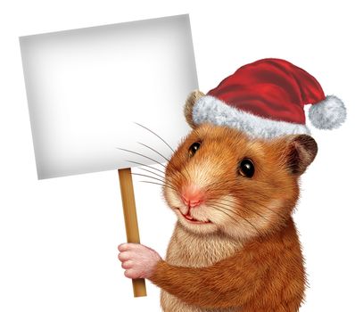Holiday pet holding a blank white sign as an advertising and marketing concept with a cute mouse like mammal with a smile communicating an important Veterinary or Veterinarian related message.