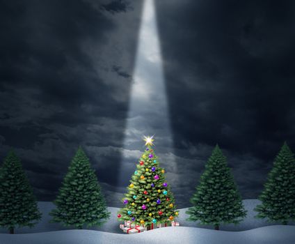 Illuminated Christmas tree with a row of evergreen pines and a center decorated holiday icon with bows and gifts enlightened with heavenly light from above  against a cold peaceful winter night.