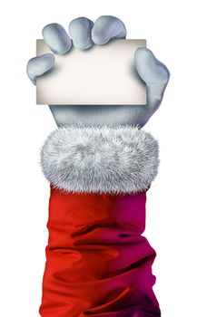 Santa Claus hand holding a blank sign card as a festive Christmas or cheerful winter seasonal symbol with textured white glove and red winter coat with fur trim isolated on a white background.