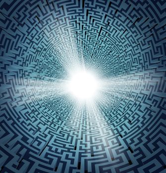 Solution from confusion with a three dimensional maze or labyrinth in perspective and a shinning white freedom hole opening as a concept of business or life success and overcoming obstacles and challenges.