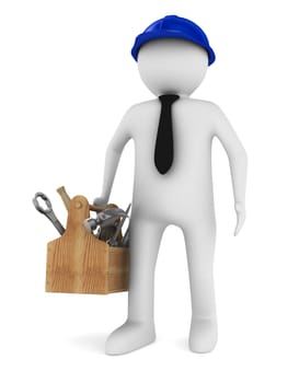 Man with wooden toolbox. Isolated 3D image