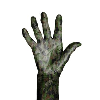 Camouflaged old hand isolated on a white background