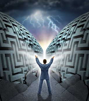 Determination to succeed with a business man with arms in the air magicaly opening up and parting a complicated maze  to a clear path to success with dramatic thunder  as a concept of power to surmount difficult challenges.