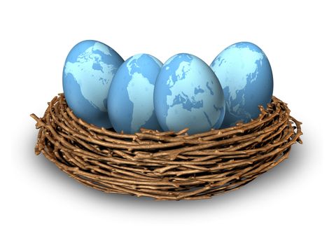 Global investments and international finance business symbol with four blue eggs with the maps of the world in a nest as a concept of savings and money management in many regions as Asia North America Europe and Latin America.