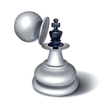 Leadership potential and emerging business confidence with a chess game king figurine revealed inside a large pawn figure disguise as a concept for planning a strategy of successful management on white.