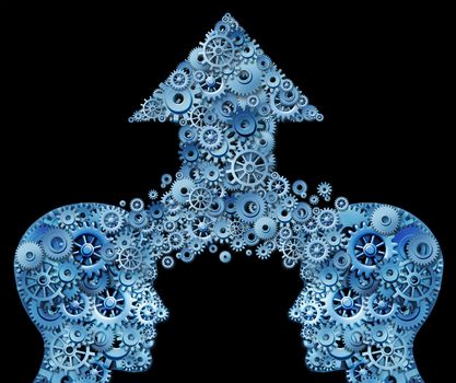 Thinking as a team for success as a corporate partnership and business teamwork growth concept with two human head shapes merging together to form an upward arrow made of gears and cogs as a financial success symbol on black.