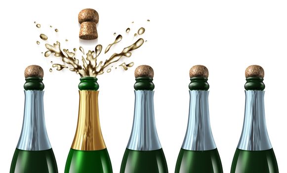 Winning bid and new contract success as a business project win after a proposal presentation for a company job with five champagne bottles with closed corks and a chosen one popping the cork in celebration with a splash.