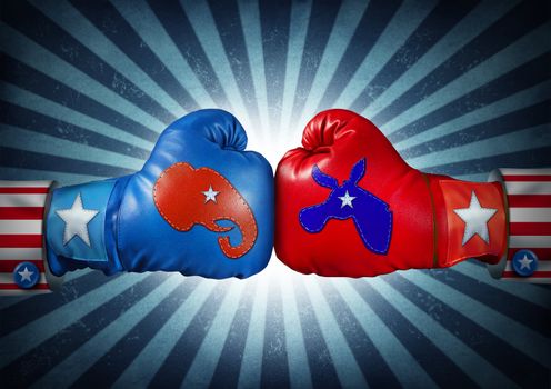 American election campaign fight as Republican versus Democrat as two boxing gloves with the elephant and donkey symbol stitched fighting for the vote of the United states presidential and government seat.