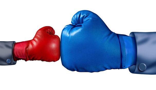 Competition and adversity and fighting the establishment as a new small business against a huge established corporation as a smaller boxing glove versus a huge one as a symbol of overcoming challenges with courage and conviction.