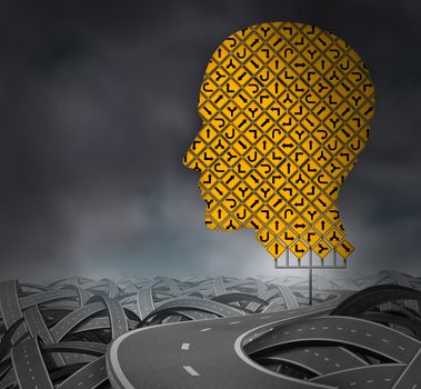Finding your way in a challenging environment as a business career choice or health care decisions with a group of yellow road signs in the shape of a human head with confused tangled highways on a cloudy sky.