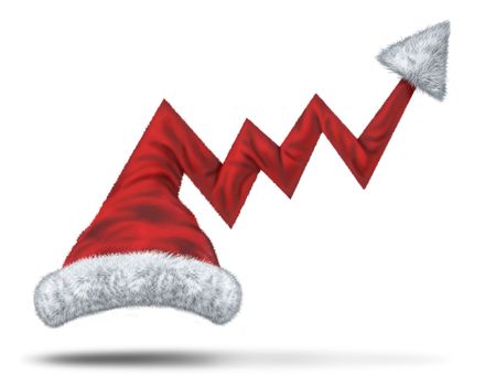 Holiday profits and Christmas sales with a santaclause hat in the shape of an upward financial graph with an arrow pointing to big winter seasonal success in retail and services sector on the internet and traditional stores.
