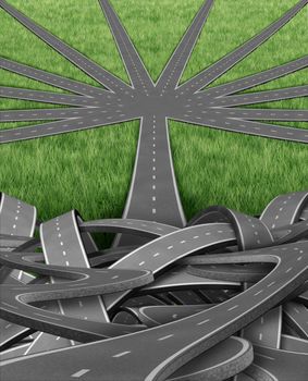 Organization and management with a group of tangled confused roads and highways and a single street emerging into an organized team order of paths going in a well managed strategic journey for business success.