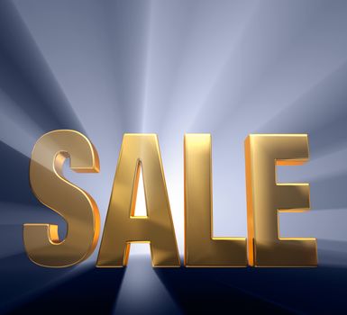 Gold "SALE" on a dark blue background brilliantly backlight with light rays shining through.