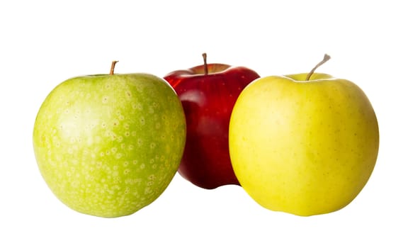 green, yellow and red apples on a white background