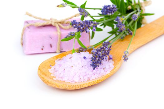 lavender bath salt, soap and flower on white background